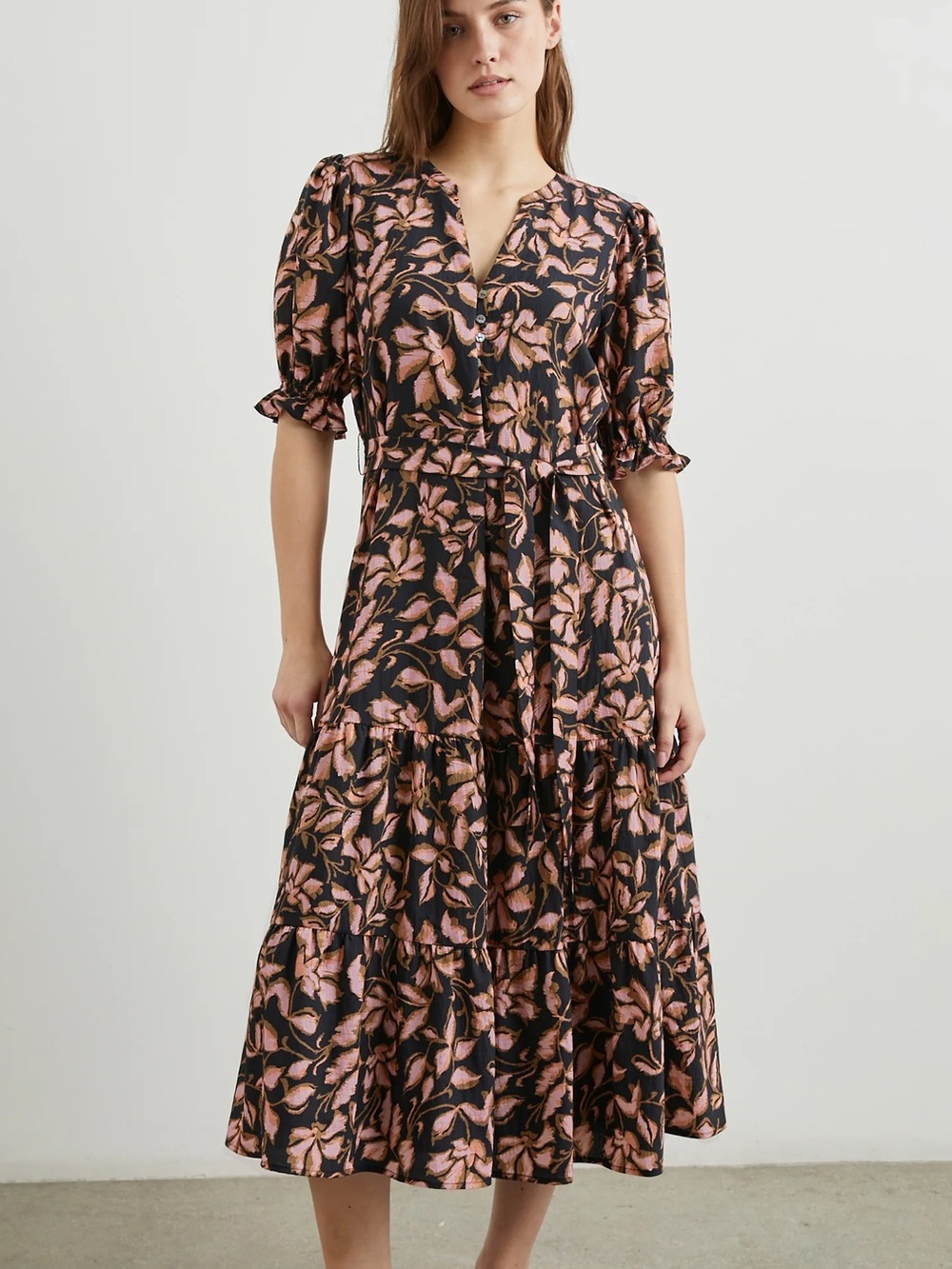 Rails Eliana Dress Pink Leaf-Print Tiered Midi Dress on Black